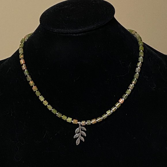 Cute Unakite Stone Silver Leaf Branch Necklace, Genuine Gemstone Beaded Necklace - Picture 3 of 9